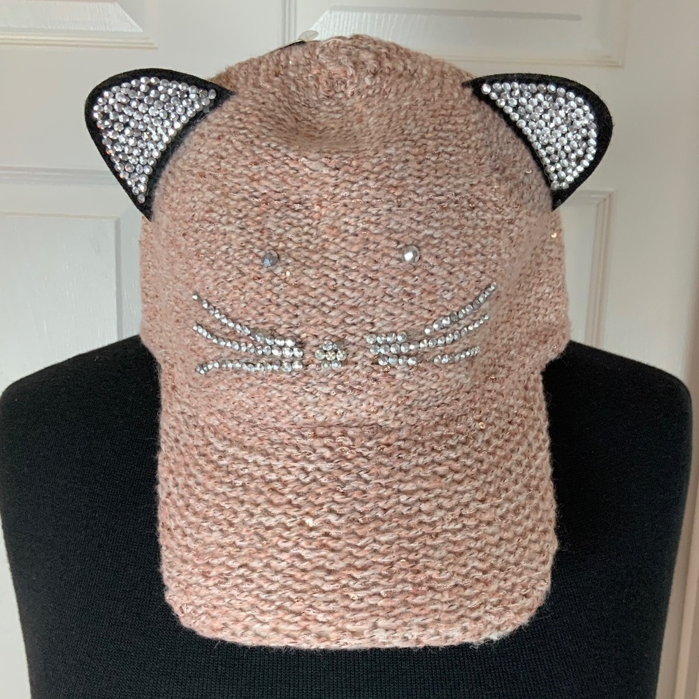 Sazy Bee Cat Rhinestone Crochet Knit Kitty Cat Hat Pink Baseball Cap NWT